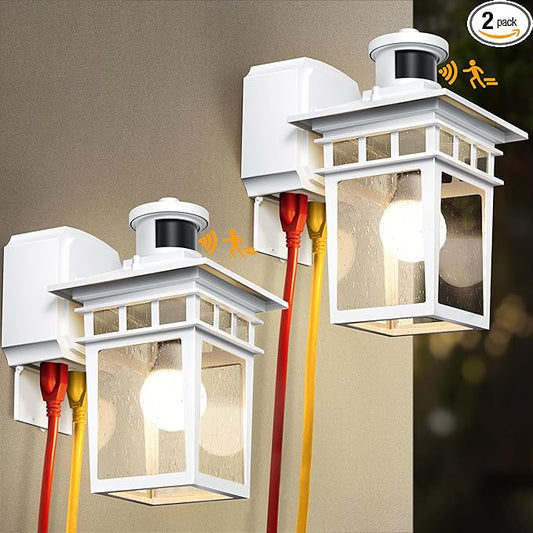 2 Pack Porch Lights with GFCI Outlet, White Dusk to Dawn Motion Sensor Outdoor Light, 3-Mode Wall Exterior Lighting Fixture, Waterproof Outside Lights Sconce for House Front Door Patio