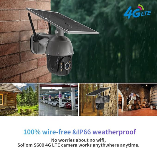 SOLIOM S600 3G/4G LTE Solar Powered Cellular Security Camera Wireless Outdoor, Pan Tilt 360°View Spotlight, 1080p Night Vision, 2 Way Talk, PIR Motion Sensor, No WiFi, US Version, Unlimited Data Plan