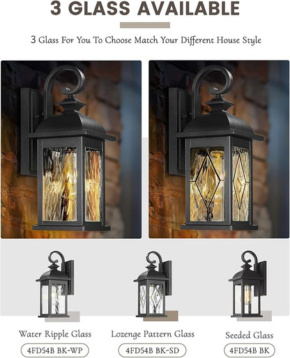 FEMILA Outdoor Wall Light Fixture,1-Light Exterior Waterproof Wall Sconce, Front Porch Lights, Matte Black Finish with Water Ripple Glass, UL Listed, 4FD54B BK-SD