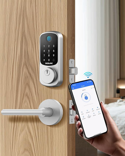 DESLOC B200 Fingerprint Smart Lock with 2 Lever Handles, Keyless Entry Front Door Lock Set, Electronic Keypad Deadbolt, App Control, Auto Lock, Long Battery Life,Silver