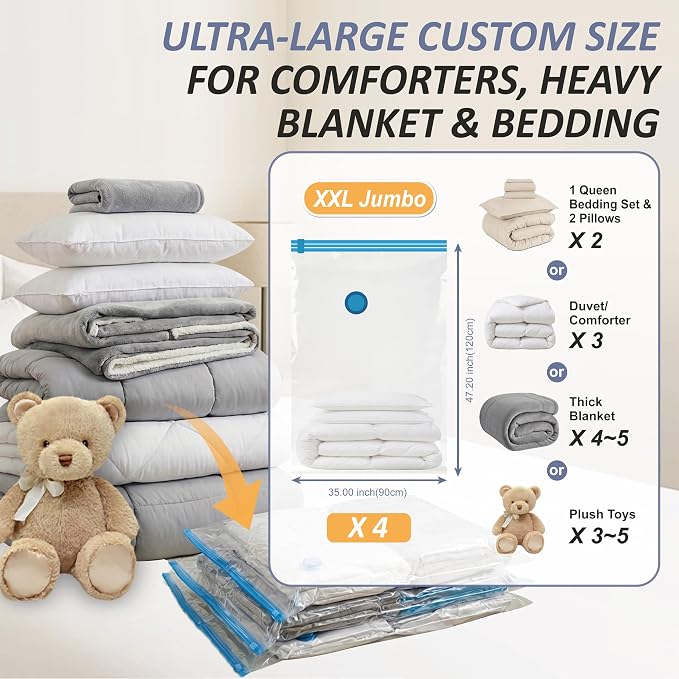 4 XXL Jumbo Vacuum Storage Bags for Bedding, Space Saver with Hand Pump | 47.2" x 35" Extra Large Vacuum Seal Bags for Bedding, Comforters, Blankets & Pillows; 80% Space-Saving Storage for Home