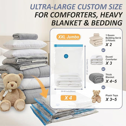 4 XXL Jumbo Vacuum Storage Bags for Bedding, Space Saver with Hand Pump | 47.2" x 35" Extra Large Vacuum Seal Bags for Bedding, Comforters, Blankets & Pillows; 80% Space-Saving Storage for Home