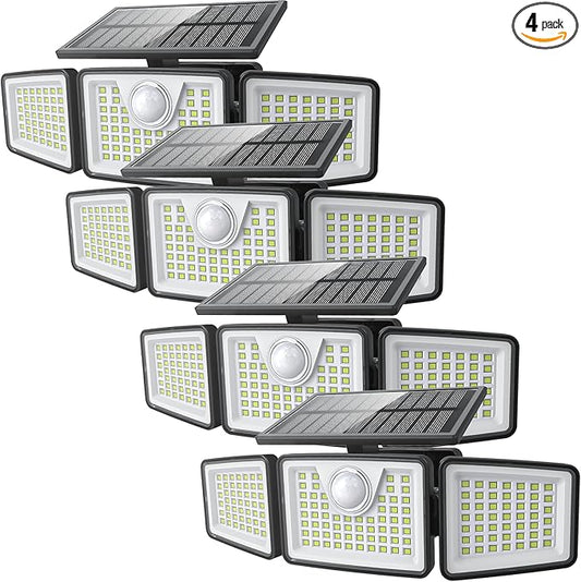 daphino 2500LM Solar Lights Outdoor with Motion Sensor,3 Head 270° Wide Angle Street Area Lights,IP65 Waterproof Security Lighting with 3 Modes(Remote,4 Pcs)