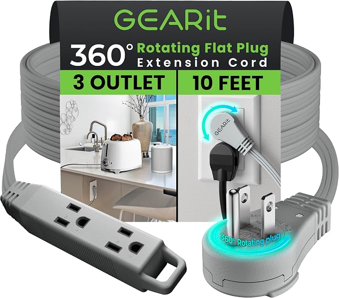 GEARit 10 ft 360° Rotating Flat Plug Extension Cord, 3 Outlet Low Profile Power Cord, 16 AWG 13A 3 Prong Grounded Indoor Cord, ETL Listed, Space-Saving for Furniture, Grey