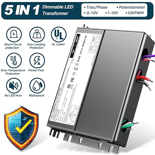Dimmable LED Driver 12V 100W, 5-1 LED Transformer Compatible with Lutron and Leviton Dimmer Switch,Smooth Flicker Free Dimming, ETL& Class 2& FCC Certified, Triac/0-10V/RX/1-10V Dimmable Power Supply