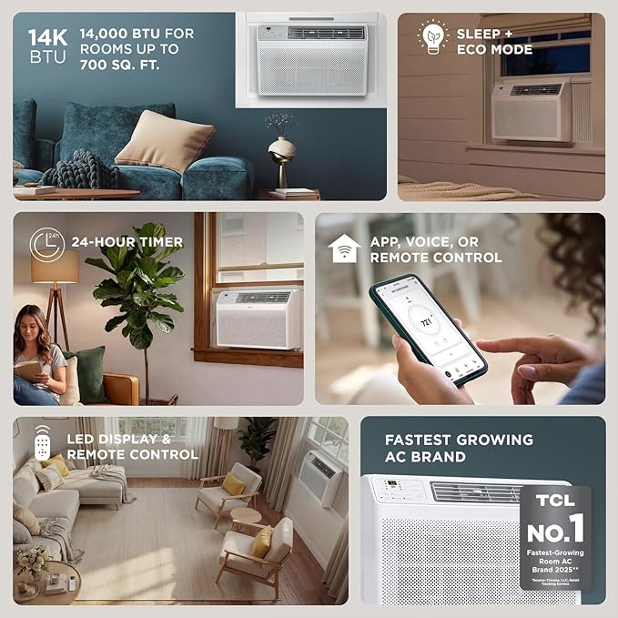 TCL 14000 BTU Smart Window Air Conditioner, Best Compact Energy Efficient AC Unit, Fan & Dehumidifier for Rooms Up To 700 Sq. Ft., Remote Control, Works with Alexa, Google Assistant & TCL Home App