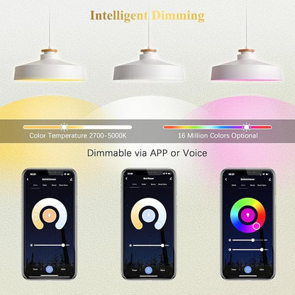 DiCUNO Smart Light Bulbs, Full Color Changing Bulb, Compatible with Alexa, Google Assistant, No Hub Required, RGBCW Multicolor Dimmable Smart LED WiFi Bluetooth A19 E26 9W 800LM Lights, 6-Pack