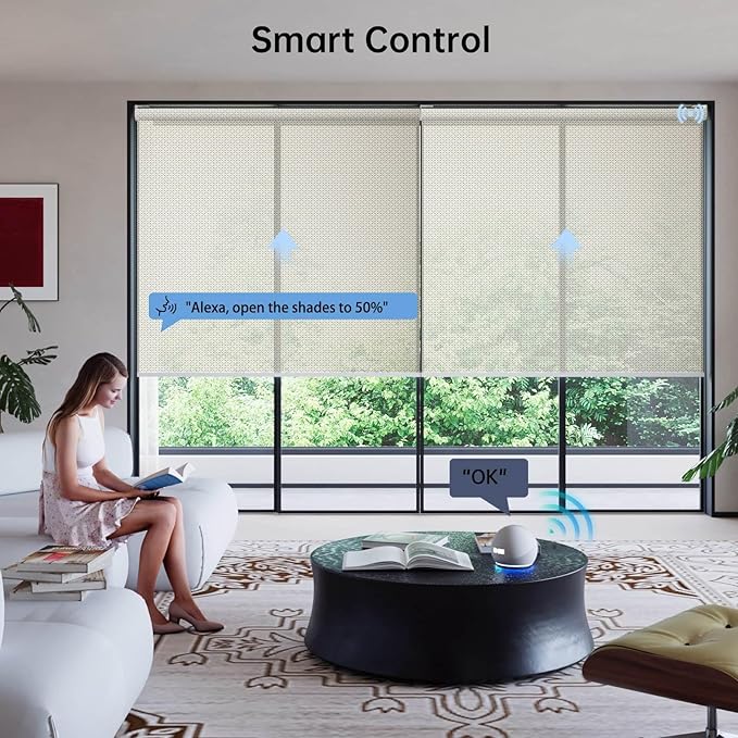Motorized Coupled Shades, Falme Resistant Smart Solar Shades for Large Windows Automatic Blinds Compatible with Alexa, Electric Roller Blinds Customized for Home Office(5% Openness Beige)