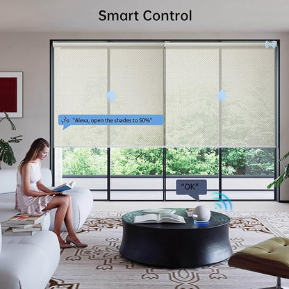 Motorized Coupled Shades, Falme Resistant Smart Solar Shades for Large Windows Automatic Blinds Compatible with Alexa, Electric Roller Blinds Customized for Home Office(5% Openness Beige)