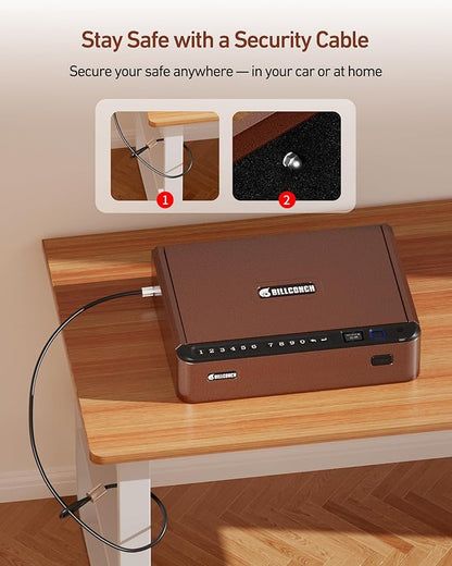 BILLCONCH Smart Gun Safe with Fingerprint, App, Keypad,LCD& Security Cable | Handgun Safe with 4 Quick-Access Methods, Voice Guidance, Built-in LED Light, Ideal for Nightstand, Bedside and Home - Brown