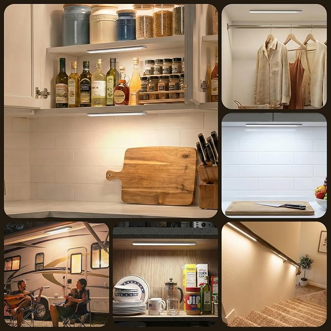 BLS 14.8inch Under Cabinet Lighting, LED Closet Lights, Motion Sensor Light Indoor, Battery Operated USB C Rechargeable, Dimmable Magnetic Night Light for Kitchen, 4 Sensor Mode, 3 Color (2 Pack)