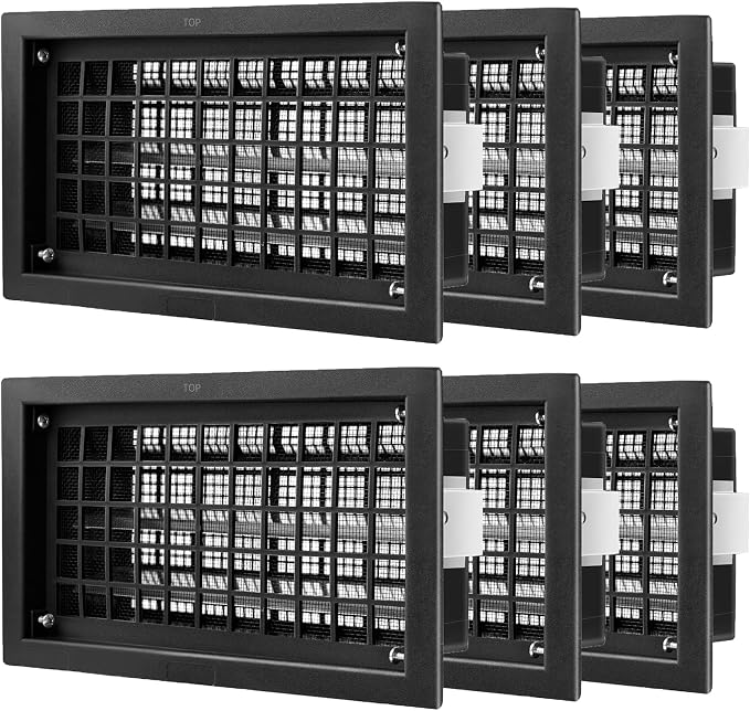 Crawl Space Foundation Vent Cover Automatic 8x16 Inch, Black 6 Pack | Auto Open/Close at 40°F-70°F, Freeze Protection & Energy Saving, DIY Replacement for House, Mobile Home & Skirting, Plastic