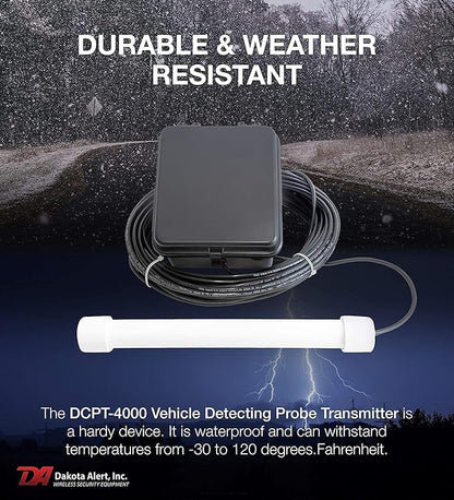 Dakota Alert Driveway Alarm Sensor - DCPA-4k Plus Driveway Alarms Wireless Outside Weatherproof Alert System, 1-Mile-Long Range Sensors, Receiver & Vehicle Detecting Probe Transmitter & 50' Wire