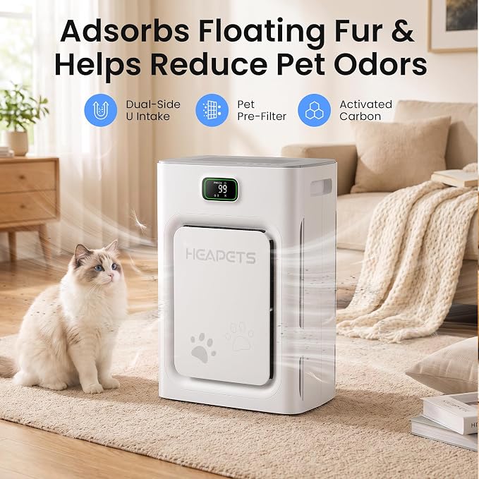 Pet Air Purifier for Home 2500 Sq Ft, H13 HEPA Double-Sided Filter with Washable Pre-filter,APP Control,for Pet Hair Dander Odor Allergies Smoke Dust,PM2.5 Air Quality Monitor,Auto Mode,P358 Cat Perch