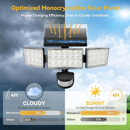 Solar Lights Outdoor, 3500LM 168 LED Motion Sensor Solar Flood Lights, 3 Heads 300° Wide Angle, 3 Modes IP65 Waterproof Solar Security Lights for Yard Garden Patio, 4 Pack (Black)