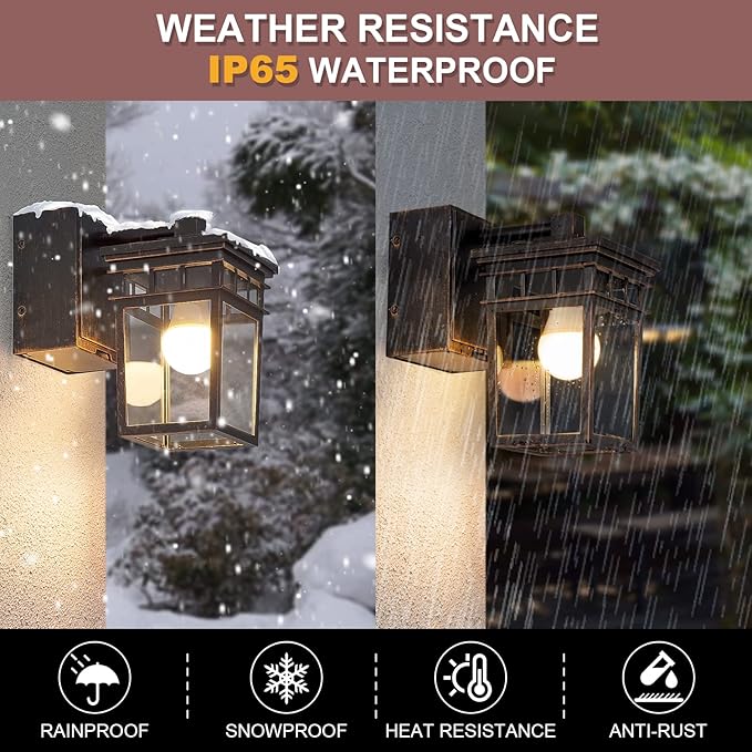 Dusk to Dawn Outdoor Wall Lighting with Outlet,Porch Light with GFCI Outlet Built in,Anti-Rust Alunmium Wall Lantern with Clear Glass Shade,Outdoor Light for House Garage, Bulb Included(Brown)