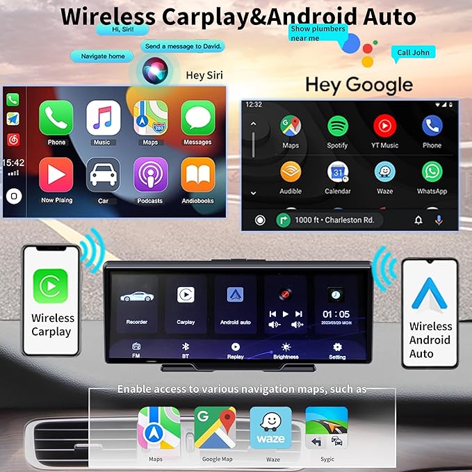 SCUMAXCON 10.26" Portable Car Stereo Wireless Carplay Android Auto 4K Dash Cam IPS Touchscreen Backup Camera Loop Recording GPS Navigation Bluetooth FM AUX Built in Speaker Car Audio Receiver