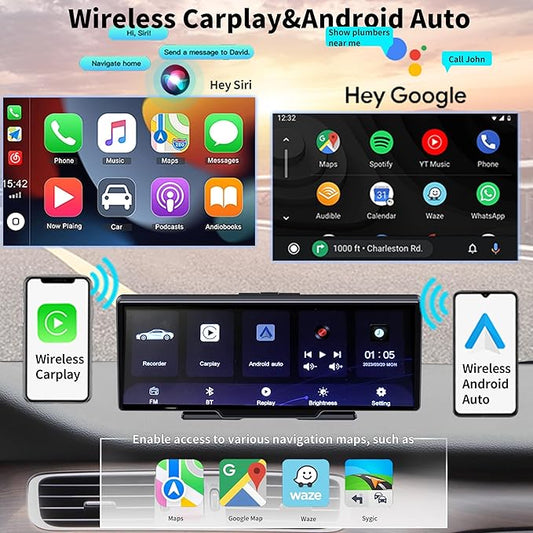 SCUMAXCON 10.26" Portable Car Stereo Wireless Carplay Android Auto 4K Dash Cam IPS Touchscreen Backup Camera Loop Recording GPS Navigation Bluetooth FM AUX Built in Speaker Car Audio Receiver