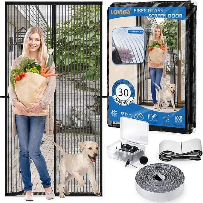 Heavy Duty Door Screen Magnetic Closure, LOVIGA Thickened Fiberglass Screen Door Mesh, Self Sealing, Tear Resistant, Easy Assemble, Fine Mesh Keep Bugs Out Fit Door Size 32 Inch X 80 Inch