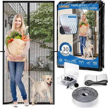 Heavy Duty Door Screen Magnetic Closure, LOVIGA Thickened Fiberglass Screen Door Mesh, Self Sealing, Tear Resistant, Easy Assemble, Fine Mesh Keep Bugs Out Fit Door Size 72 Inch X 95 Inch