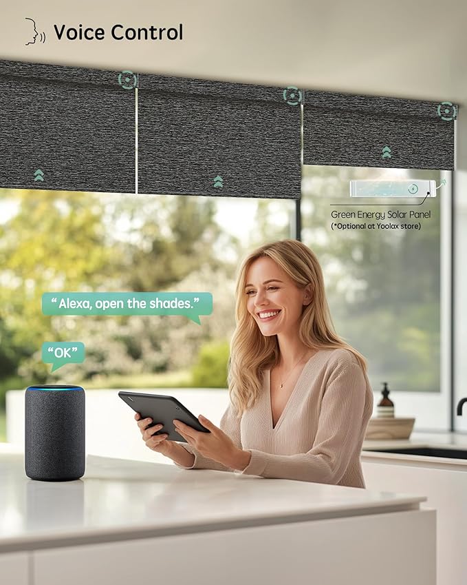 Yoolax Motorized Blinds with Remote, Designer Smart Blinds Work with Alexa, Google, Apple Homekit, 100% Blackout Motorized Shades Custom Electric Shades Voice Control (V-Shimmer Horizontal Black)