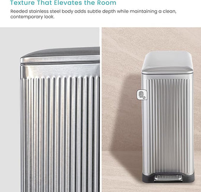 Home Zone Living 13 Gallon Dual Compartment Step Trash Can with Soft-Close Lid, Reeded Stainless Steel, Silver