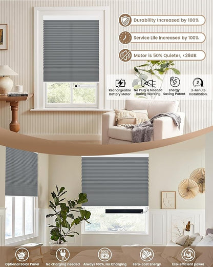 Kincmo Motorized Cellular Shades, Custom Motorized Blinds with Remote, Cordless Smart Electric Honeycomb Blinds Work with Apple HomeKit, Alexa, Google (85%-Blackout-Double-Cell Dark Grey)