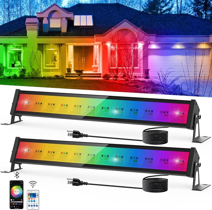 T-SUN RGB Flood Light Bar 2 Pack 50W RGBCW Outdoor Wall Washer Flood Lights | Color Changing LED Wash Lights with APP & Remote Control, Music Sync, Timer, Memory, 2700K-6500K for House Garden Party