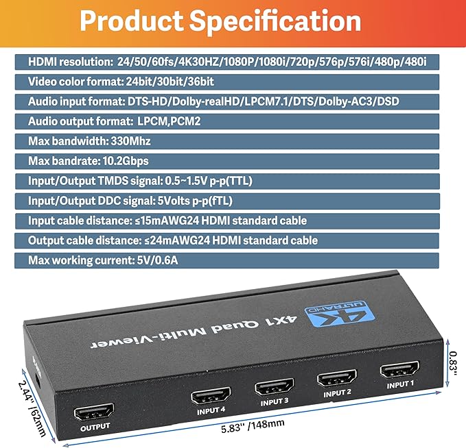 HDMI Multiviewer 4 in 1 Out, Seamless 4K HDMI Switcher with 9 Display Modes, Supports 4K 30Hz, Cascading, IR Remote for Security Cameras and Gaming Consoles