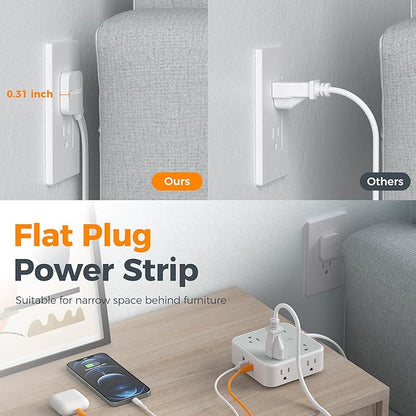 TESSAN Surge Protector Power Strip, 5 Ft Flat Plug Extension Cord with 3 USB (1 USB C 20W PD) 8 Outlets, 1250W, 900J Protection, 3 Sided Outlet Extender with Power Switch for Office, Dorm Room, Grey