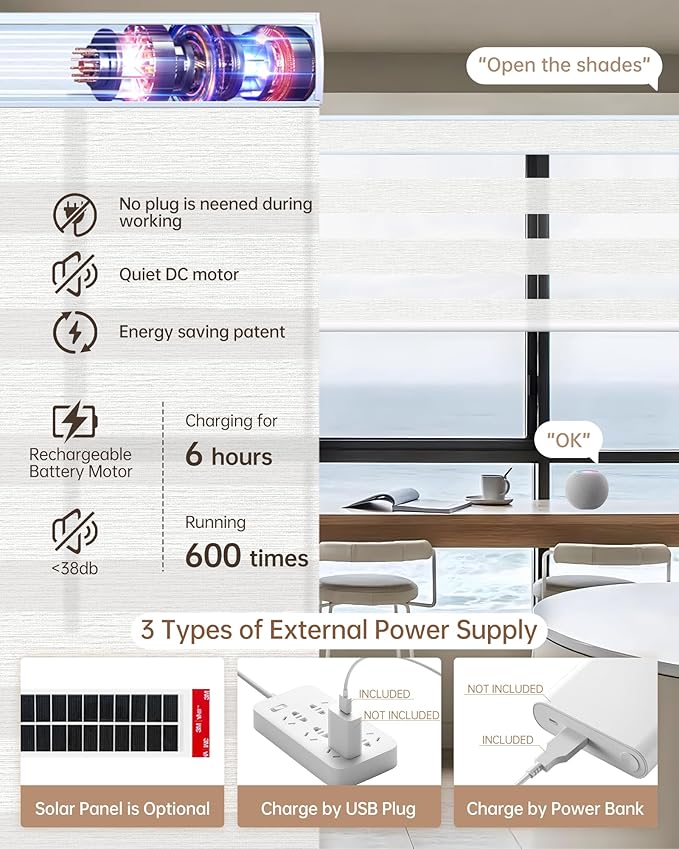 Kincmo Motorized Blinds with Remote, Motorized Zebra Shades Work with Apple Homekit,Alexa,Google Home, Customized Electric Blinds with Remote,App,Voice Control (60% Blackout Monet White)