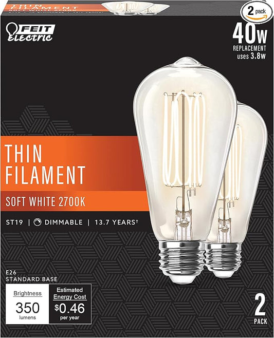 Feit Electric ST19 Vintage Edison LED Light Bulb, 40W Equivalent, Dimmable, 2700K Soft White, E26 Base, Clear Glass Thin Filament Lighting Bulbs, 15,000-Hour Lifetime, ST1940/927CATFIL/2, 2 Pack