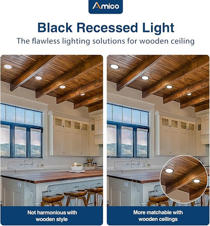 Amico 12 Pack 7 Inch 5CCT Ultra-Thin LED Canless Recessed Ceiling Light with Junction Box, 2700K/3000K/3500K/4000K/5000K Selectable, 15W=100W, 1300LM Brightness, Dimmable Wafer Downlight,ETL&FCC,Black