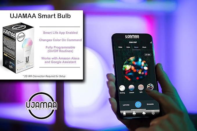 Ujamaa Lighting Smart 2.4GHz Wi-Fi LED Light Bulb, 9W, Multi-Color, Dimmable, A19, E26, Compatiable with Alexa and Google Home Assistant, Controlled by Smart Life App