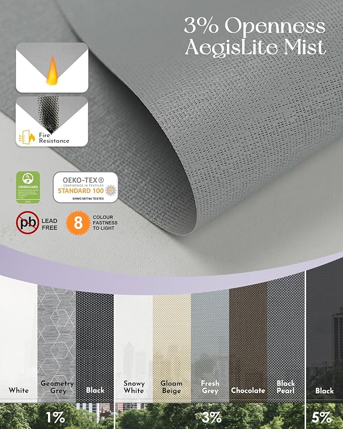 Graywind Motorized Outdoor Shades for Patio, Work with Alexa & Google, Solar Powered Electric Roller Shades for Outside, Custom Size (3% Openness, AegisLite Mist)
