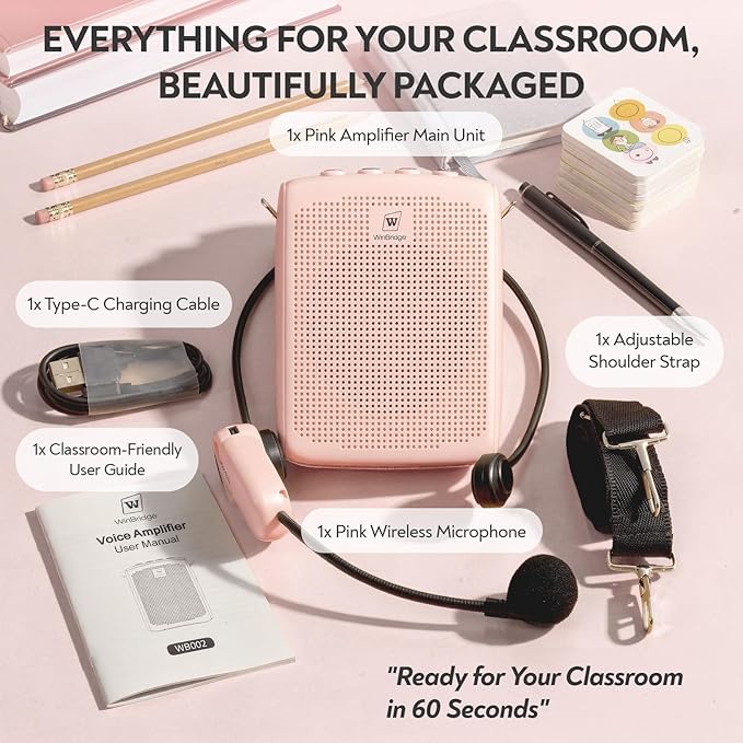 WinBridge Voice Amplifier with Bluetooth, Portable Speaker and Microphone Set, Wireless Mic Headset Speaker for Teachers, Tour Guide, Publick Speaking, Fitness Instructors, Features Mute, WB002 Pink