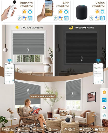 Kincmo Motorized Cellular Shades, Custom Motorized Blinds with Remote, Cordless Smart Electric Honeycomb Blinds Work with Apple HomeKit, Alexa, Google (100%-Blackout-Double-Cell Dark Grey)