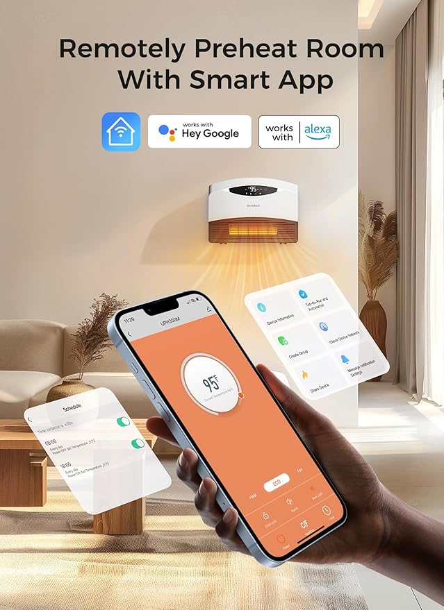 GiveBest Smart Wall Heater, 1500W Electric PTC Space Heaters for Indoor Use, Adjustable Thermostat, Remote Control, Compatible with Alexa, 24H Timer Heat for Bedroom Office Home Garage RV