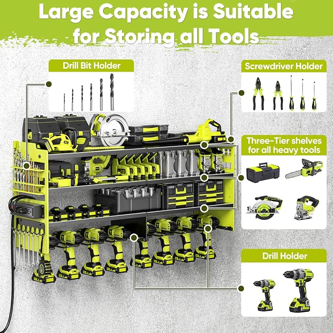 POKIPO Upgrade Power Tool Organizer Wall Mount with Charging Station,4 Layer Heavy Duty Metal Storage Rack Loads 600lbs with 8 Cordless Drill Holder,4 Outlet Power Strip Battery Utility Rack for Man