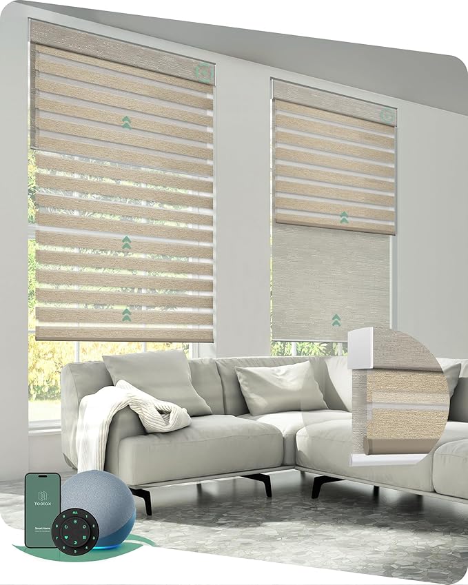 Yoolax Smart Dual Roller Shades, Motorized Blinds with Remote Smart Zebra Shades Compatible with Alexa, Blackout & Light Filtering Automatic Blinds for Windows (Zebra Coffee)