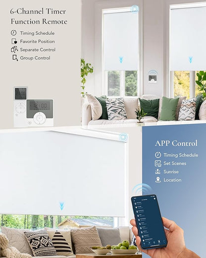 Motorized Blinds Compatible with Alexa Google Custom to 115" Width 100% Blackout Smart Blind Automatic Large Window Roller Shades Remote Control Vinyl White