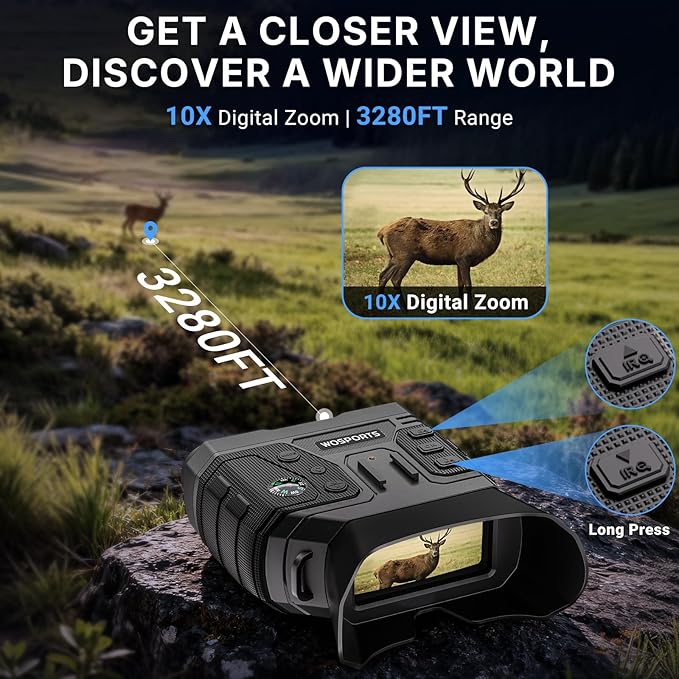 WOSPORTS 4K Night Vision Goggles with 48MP Photo, 3280ft Full Color Vision, 1300ft IR Distance, 3" HD Screen, 10X Optical Zoom, 5000mAh Battery, Binoculars for Wildlife Observation, Gifts for Men