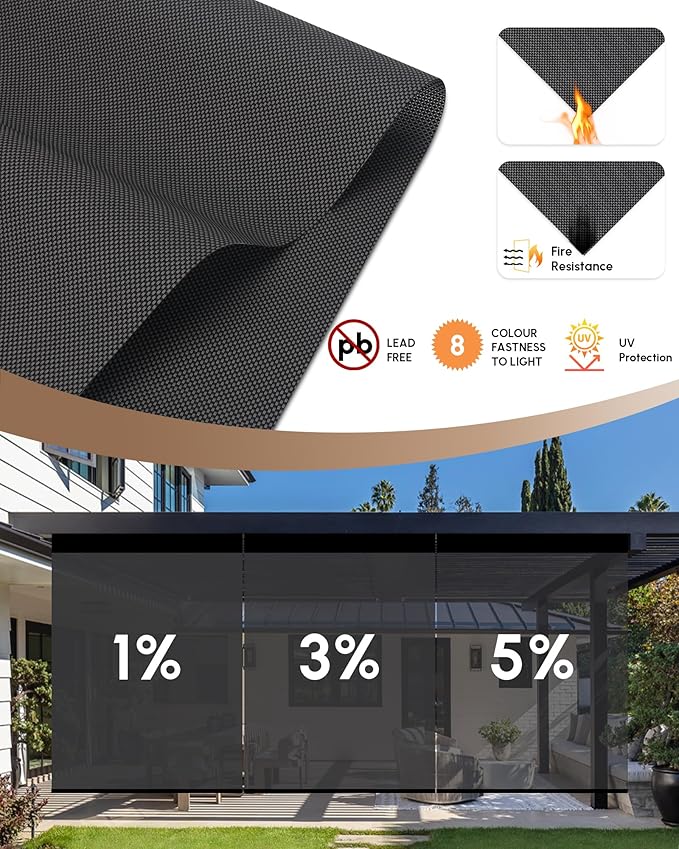 Kincmo Motorized Outdoor Shades for Patio Porch, Custom Outdoor Motorized Blinds with Remote, Waterproof & Windproof Patio Shades Work with Apple Homekit,Alexa,Google (5% Openness Dark Grey)