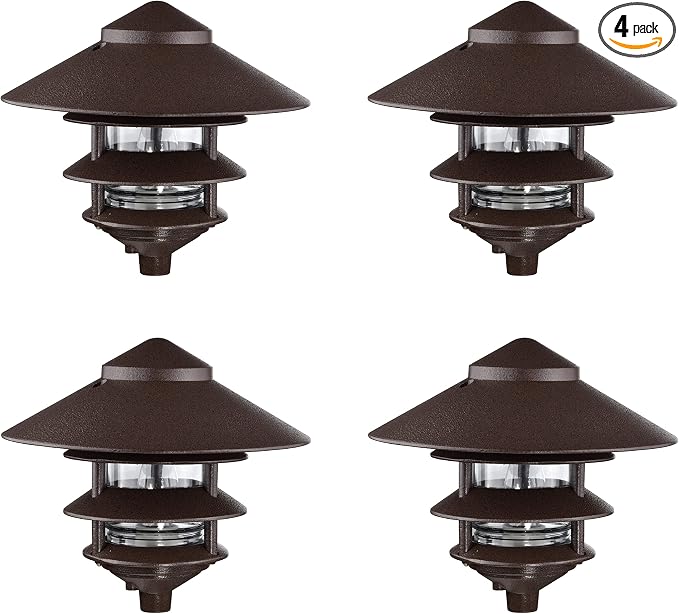 Nuvo SF76/637/04 Outdoor Pagoda Landscape Pathway Light 3 Tier - Large Hood (4 PACK) Old Bronze | 3-tier large hood, Aluminum and glass, Pole mount, E26 medium base, Wet location rated