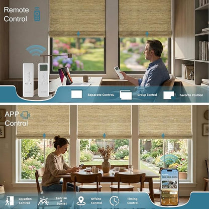 Motorized Roman Shades with Remote,Wooden Blinds Compatible with Alexa/Google/Apple Homekit,Natural Woven Wood Blinds,Customized Size,Crocheting Pale Yellow