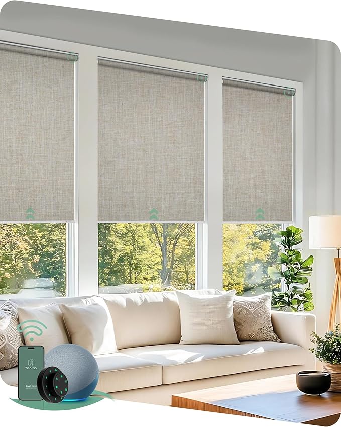 Yoolax Motorized Blinds with Remote, 100% Blackout Smart Roller Shades Work with Alexa, Google, Apple Homekit, Custom Automatic Shades with Voice Control for Bedroom Office (Fabric Beige)