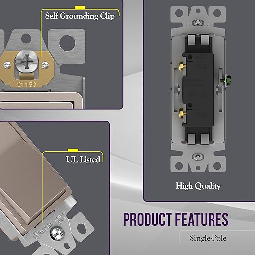 ENERLITES Elite Series Decorator Rocker Light Switch, 15A 120V/277V, Gloss Finish, Single Pole, 3 Wire, Grounding Screw, Residential Grade, UL Listed, 91150-NK, Nickel