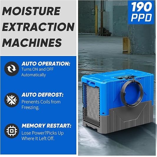 190PPD Commercial Dehumidifier with Pump for Basement-6000Sq.Ft. Warehouse, Large Space Crawl Space Dehumidifier for Efficient Water Damage Restoration-Auto Defrost, Memory Starting, Blue-2PC