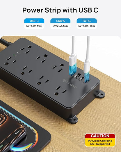 TROND Surge Protector Power Strip, Flat Plug 15ft Long Extension Cord, 7 Widely-Spaced Outlets with 4 USB Ports, ETL Listed, 1700J, Wall Mountable, for Home Office Garage, Black