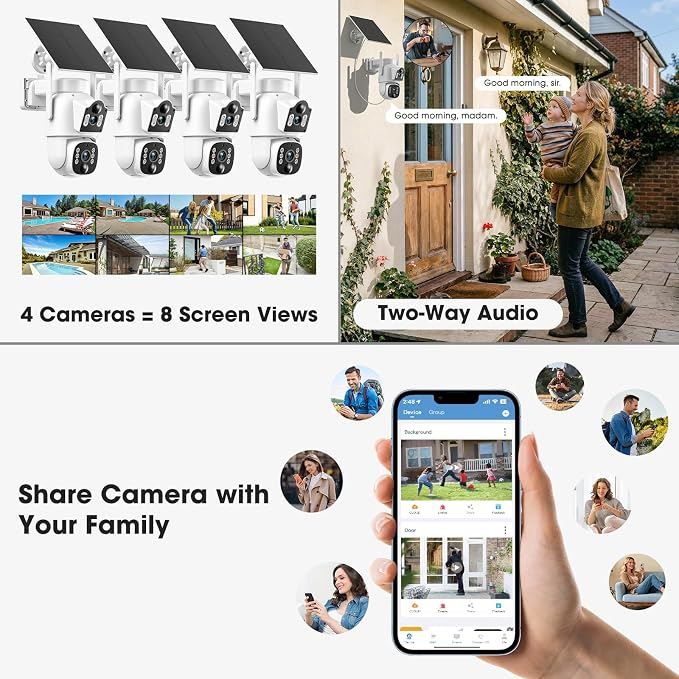 Camcamp Solar Security Cameras Wireless Outdoor, Dual Lens 4-Camera System